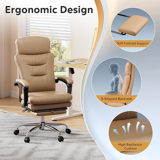 DEVAISE Executive Leather Home Office Chair with Footrest, High Back and Heavy Duty, Comfortable Big and Tall Ergonomic Desk Chair with Lumbar Support, Comfy Reclining, SGS Class 4 Gas Lift, Brown