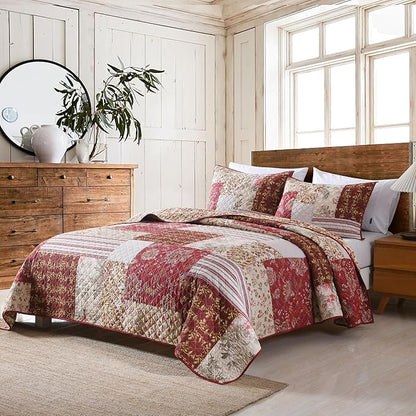 mixinni 100% Cotton Quilt Set King Size, Reversible Patchwork Lightweight Quilted Bedspread Coverlet Set Boho Burgundy Floral Bedding Comforter Set with 2 Pillow Shams for All Season (106"x98")