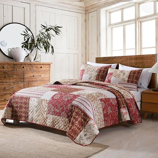 mixinni 100% Cotton Quilt Set King Size, Reversible Patchwork Lightweight Quilted Bedspread Coverlet Set Boho Burgundy Floral Bedding Comforter Set with 2 Pillow Shams for All Season (106"x98")