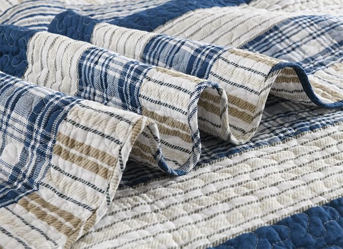 Homzard Queen Size Comforter Set - Blue White Tan Striped Queen Quilt Set,Plaid Striped Bedding Quilt, Farmhouse Bedspread Queen Size, Lightweight Bedding Quilts 3 Pieces All Season