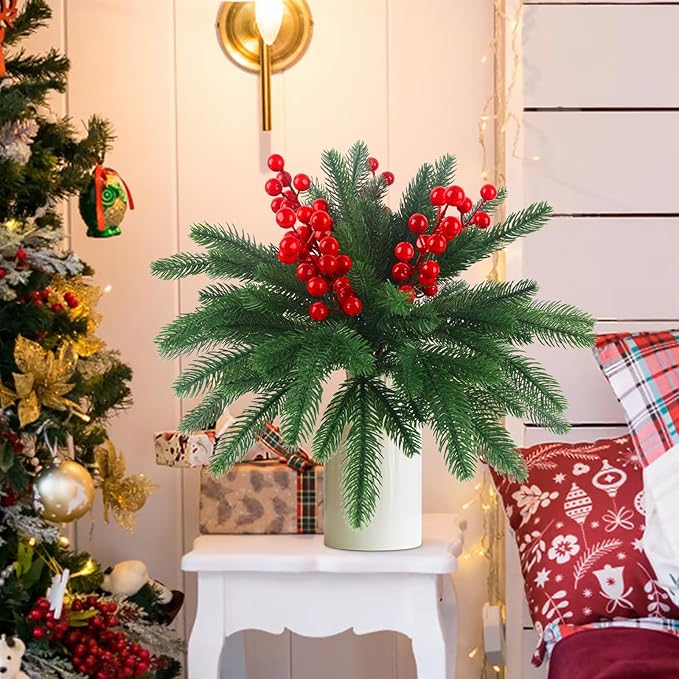 HOHOTIME 6 Pcs Christmas Pine Picks, Artificial Norfolk Pine Branches with Berry Stems, 17 inch Christmas Greenery Fake Foliage Pines Needles Picks for DIY Craft Xmas Decor Home Indoor Decoration