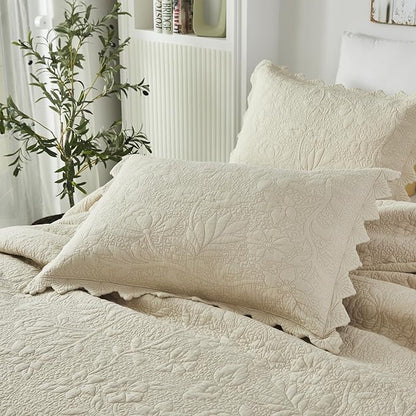 Brandream Queen Size Quilt Set Cotton Beige Quilts Luxury Farmhouse Bedding Set Matelasse Coverlet Scalloped Quilt Set 3-Piece