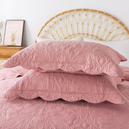 HoneiLife Queen Quilt Bedding Set - 3 Pieces Microfiber Quilt Sets Lightweight Bedspreads Reversible Coverlets Rustic Bed Cover Floral Bedding Set All Season Quilts-Pink