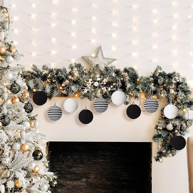 Syhood 9 Pcs 2.36 Inch Christmas Ball Ornaments Boho Farmhouse Jute Rope Hanging Balls Burlap Neutral Rustic Ornaments for Xmas Tree Holiday Wreath Garland Wedding Home(Black, White, Black and White)