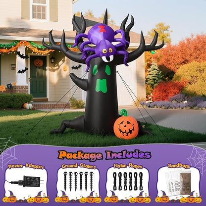 7FT Halloween Inflatable Tree with Giant Purple Spider and Pumpkin, Spooky Blow Up Yard Decoration with LED Lights for Outdoor Lawn, Garden, Party, Holiday Event Decor