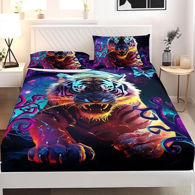 AILONEN Tiger Fitted Sheet Set Full Size, Purple Magic Forest Fierce Tiger Bed Sheet Set for Boys Girls,Howling Tiger Soft Breathable Fitted Sheet and 2 Pillowcases,3 Pieces