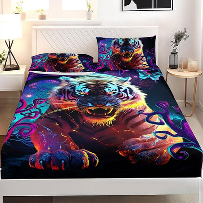 AILONEN Tiger Fitted Sheet Set Full Size, Purple Magic Forest Fierce Tiger Bed Sheet Set for Boys Girls,Howling Tiger Soft Breathable Fitted Sheet and 2 Pillowcases,3 Pieces