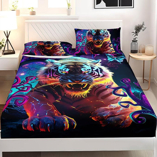 AILONEN Tiger Fitted Sheet Set Full Size, Purple Magic Forest Fierce Tiger Bed Sheet Set for Boys Girls,Howling Tiger Soft Breathable Fitted Sheet and 2 Pillowcases,3 Pieces