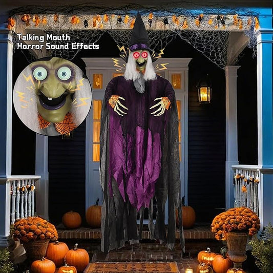 Prsildan 6.6FT Hanging Witch Halloween Decorations Outdoor, Animated Talking Witches with Color-Changing LED Eyes & Scary Sounds, Touch & Sound Sensor Halloween Decor for Yard Porch Haunted House