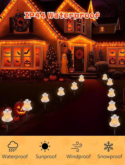 Halloween Pathway Lights Outdoor Decorations, 4PCS 3D Light-Up Ghost Garden Stake Lights, Waterproof Outdoor Lights for Yard, Lawn, Driveway, Halloween Decor