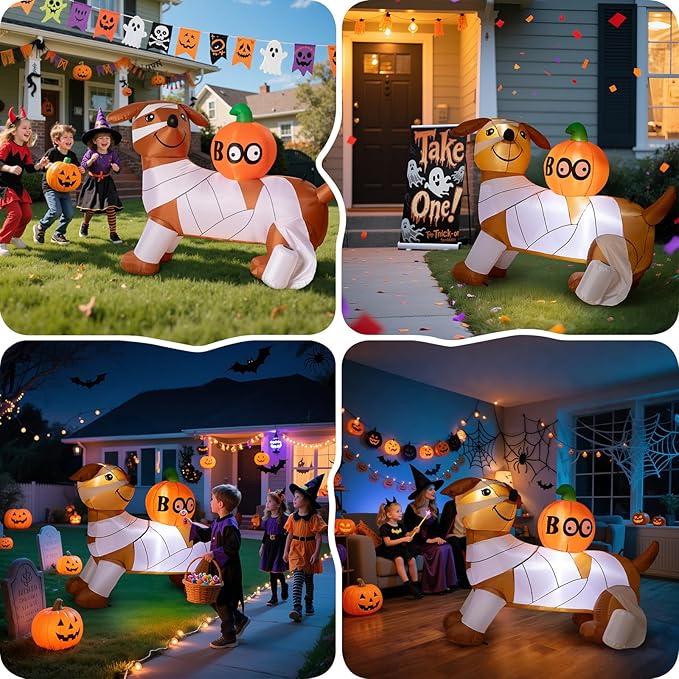 Dawdix 5FT Halloween Inflatables Mummy Dog Outdoor Decoration, Funny Blow Up Puppy Wrapped in Toilet Paper with Boo Pumpkin, Lighted Yard Dachshund Decor, Halloween Blow Up for Lawn, Garden, Porch