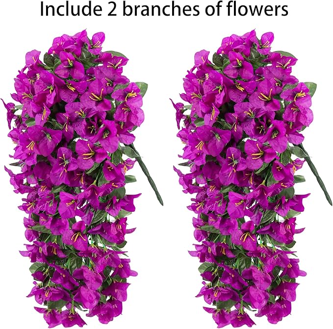 Artificial Faux Bougainvillea Flowers Plants for Outdoor Outside Summer Decoration, 2 pcs Fake Silk UV Resistant Look Real Long Trailing Vines for Front Door Porch Planter Urn Patio Balcony, Purple