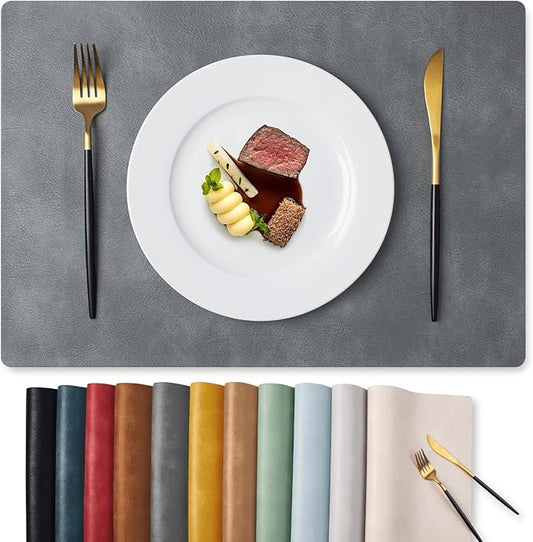 MOSAYT Vinyl Placemats Set of 4-12 X 17 Inch - Faux Leather 100% Waterproof Oil-Proof Wipeable PU Place Mats, Heat Resistant Reversible Table Mats for Kitchen, Dining, Outdoor (Grey)