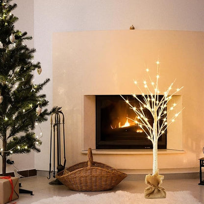 Lighted Brich Tree, 4FT 56 LED Christmas Tree with Burlap Decor, Warm White, IP44 Waterproof, Power Supply by Adaptor, Fireplace Party Wedding Halloween Christmas New Year Decoration