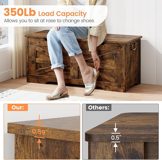 IDEALHOUSE Storage Chest, 39.4" Storage Bench Wooden Toy Chest Box, Farmhouse Storage Trunk with Safety Hinge, Supports 350 lbs, for Entryway, Living Room, Bedroom,Rustic Brown