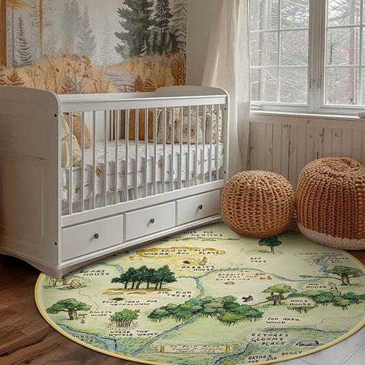 Estmy 4ft Cute Woodland Nursery Rugs for Girls Boys Neutral Non Slip Washable, Thin Pile Soft Cartoon Fun Map Round Kids Playroom Rug, Vintage Whimsical Retro Area Rugs Circle Carpet for Kids Bedroom