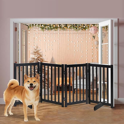 LZRS Solid Hardwood Freestanding Pet Gate, Wooden Dog Gates for Doorways & Stairs, Black, 30" Height-4 Panels