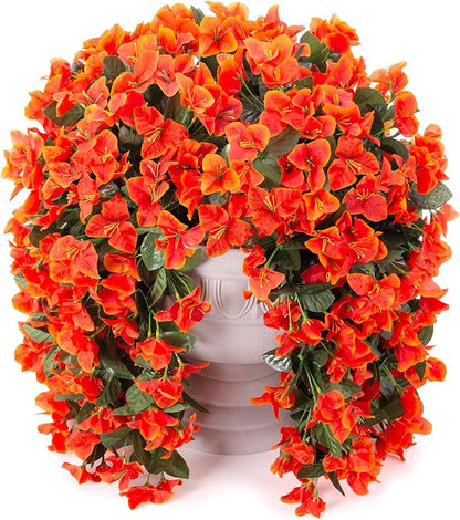 Artificial Bougainvillea Faux Flowers Plants for Outdoors Outside Fall Autumn Decor, 2 PCS Silk Trailing Vines UV Resistant Realistic Orange Fake Flowers for Planter Front Door Porch Patio Balcony