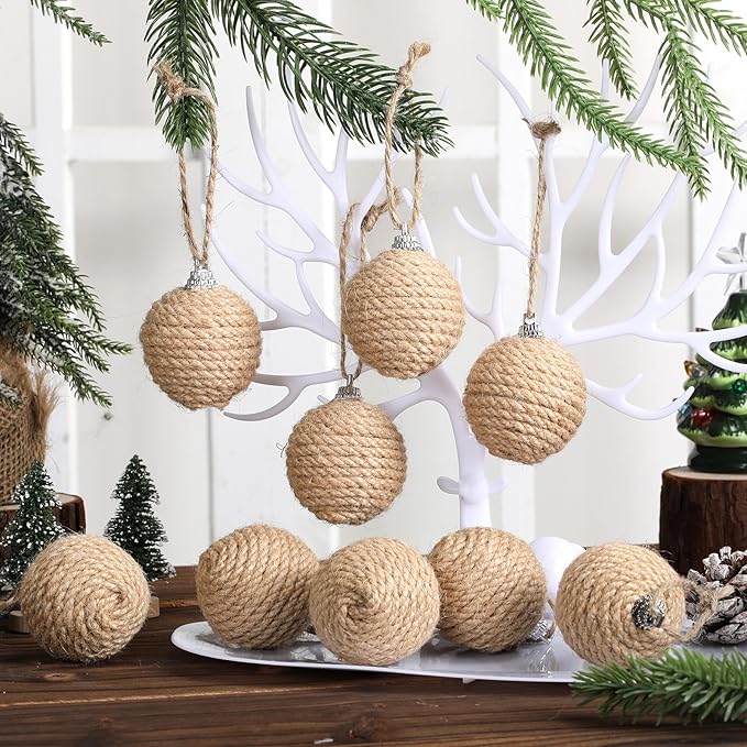 Syhood 18 Pcs 1.57 Inches Christmas Ball Ornaments Boho Farmhouse Jute Rope Hanging Balls Burlap Neutral Rustic Ornaments for Xmas Tree Holiday Wreath Garland Wedding Home