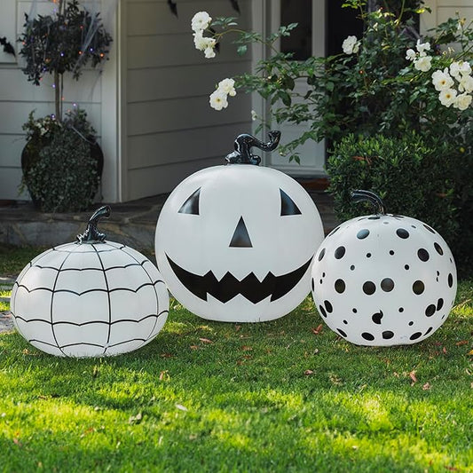 FUNBOY Giant Inflatable Light-Up Halloween Pumpkins 3 Pack, 31'', 23'' and 20'', Black & White Scary Halloween Decorations, Indoor/Outdoor