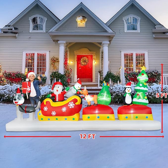 B&D 12FT Long Christmas Inflatables Outdoor Decorations, Inflatable Santa Claus on Dog Sled with Snowman, Penguin, Reindeer Blow up Christmas Decorations Built-in LEDs for Xmas Garden Yard Lawn Roof