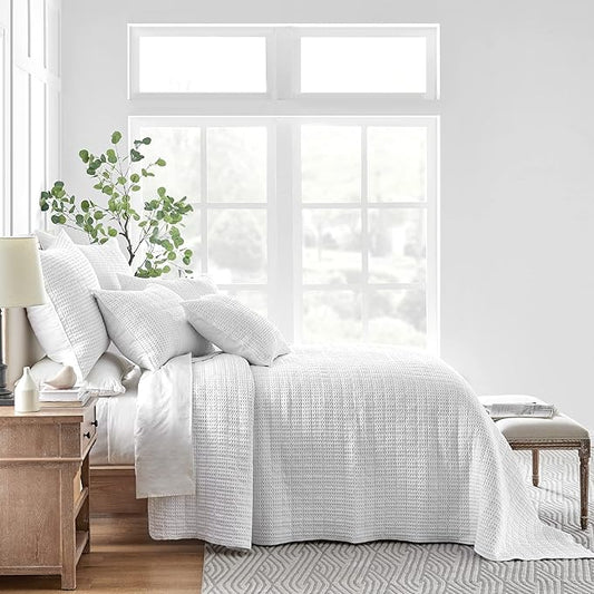 Levtex Home Mills Waffle Queen Bedspread Set (104x106in) with 2 Pillow Shams (26x20in) - Bright White - 100% Cotton Queen Size Bedspread Set - Lightweight, Soft, Pre-Washed