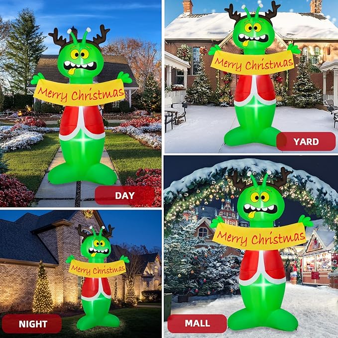 8FT Christmas Inflatable Outdoor Decoration, Inflatable Alien Christmas Blow Up Yard Decorations with Built-in LEDs Inflatable Xmas Decorations for Party Garden Yard Lawn Decor