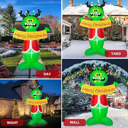 8FT Christmas Inflatable Outdoor Decoration, Inflatable Alien Christmas Blow Up Yard Decorations with Built-in LEDs Inflatable Xmas Decorations for Party Garden Yard Lawn Decor