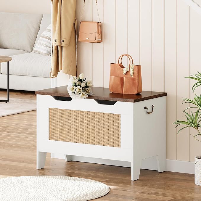 IDEALHOUSE Storage Chest, Rattan Toy Chest for Boys Girls, 30" Kids Wood Large Toy Box, Storage Bench with Safety Hinge,Storage Trunk for Entryway, Living Room, Bedroom, Playroom, White
