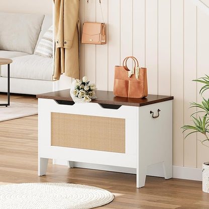 IDEALHOUSE Storage Chest, Rattan Toy Chest for Boys Girls, 30" Kids Wood Large Toy Box, Storage Bench with Safety Hinge,Storage Trunk for Entryway, Living Room, Bedroom, Playroom, White