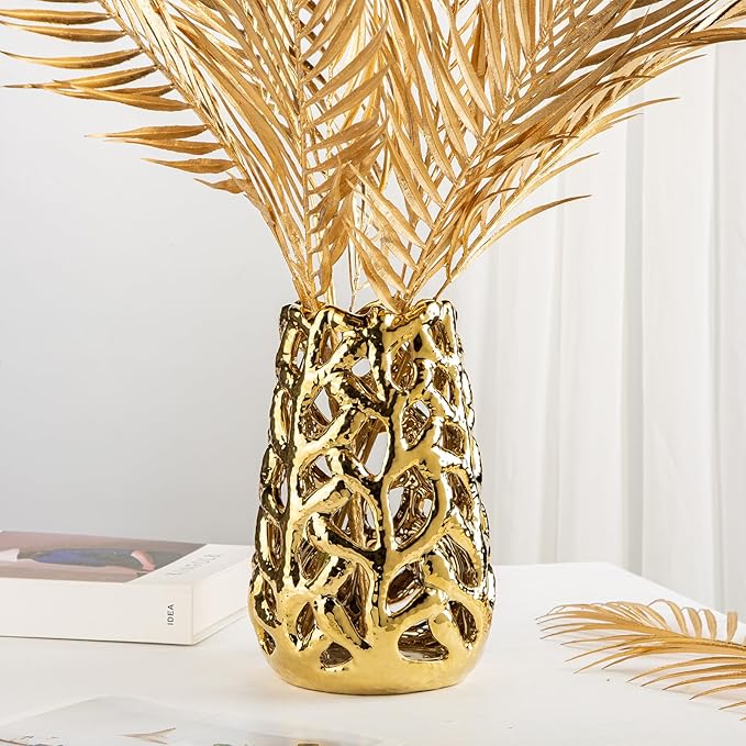 Gold Vases for Centerpieces, Coral Openwork Ceramic Flower Vase 9" Hollowed Decorative Pampas Grass Vase Gold Table Decor for Home Living Room Dinner Room Bedroom Office Wedding