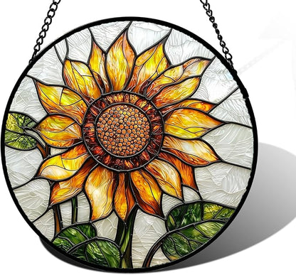 Stained Glass Window Hanging - Sunflower Flower Suncatcher Ready to Hang Window Doors Home Decoration and Christmas, Mother's Day Birthday Gifts for Women, Men, and Mom 7.8x7.8 in