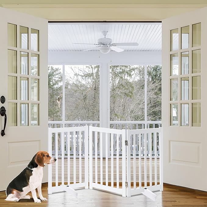 LZRS Solid Hardwood Freestanding Pet Gate,Wooden Dog Gates for Doorways,Nature Wood Dog Gates for The House,Dog Gate for Stairs,Freestanding Indoor Gate Safety Fence,White,30" Height-3 Panels
