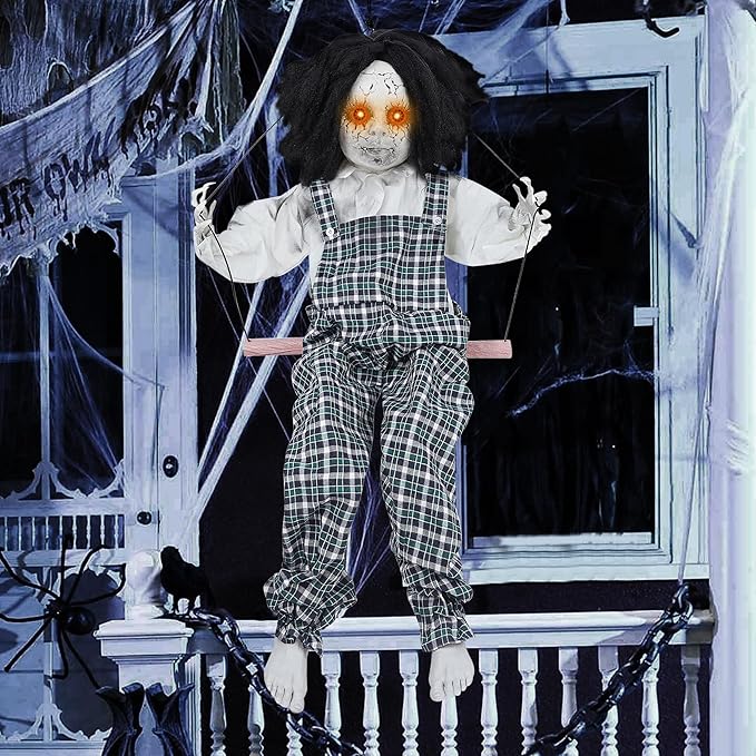 Prsildan Hanging Halloween Decorations Outdoor Swing Boy, Halloween Animatronic Scary Decor Life-Size Halloween Props with Creepy Sounds Motion for Outside Indoor Trees Yard