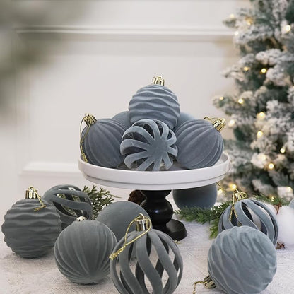 3.15inch Dusty Blue Velvet Christmas Ornaments for Xmas Tree, 12 pcs Flocked Christmas Balls Set Assortment for Holiday Decor