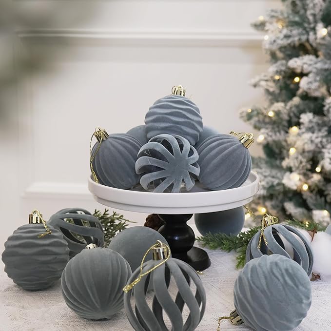 6inch Big Dusty Blue Velvet Christmas Ornaments for Xmas Trees, 2 pcs Flocked Christmas Balls Sets for Holiday Decor