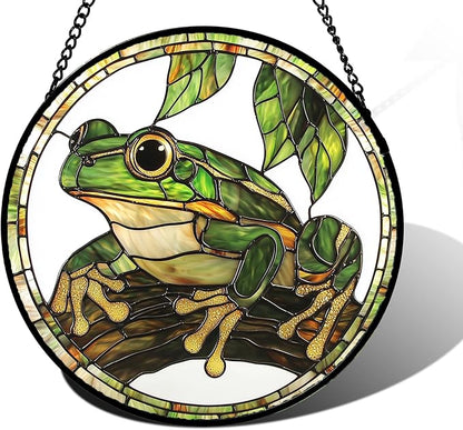 Stained Glass Window Hanging, Frog Green Leaf Sun Catchers Colorful Glass Panel Cool Suncatcher Decor for Birthday for Women, Men, Wife, Aunt, and Mom 7.8 in