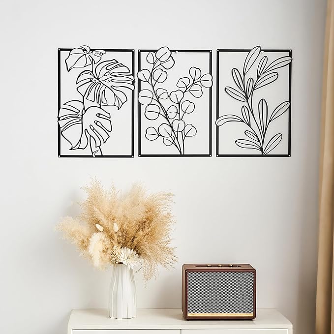 FUNTEREST 3 Pieces Black Metal Wall Art Decor Modern Minimalist Floral Single Line Living Room Wall Decor Abstract Wall Hanging Decor for Kitchen Office Bedroom Bathroom (Floral C)
