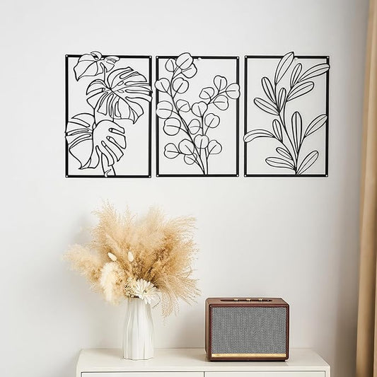 FUNTEREST 3 Pieces Black Metal Wall Art Decor Modern Minimalist Floral Single Line Living Room Wall Decor Abstract Wall Hanging Decor for Kitchen Office Bedroom Bathroom (Floral C)