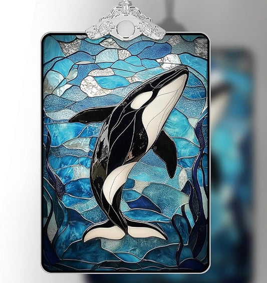 Orca Whale Stained Glass 2025 Christmas Ornament, Ocean-Themed Christmas Tree Hanging Decoration for Coastal Holiday Decor or Gift Exchange, 3.8 x 2.4 Inch