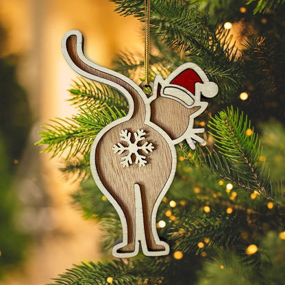 Funny Cat Butt Wooden Christmas Ornament - Humorous Santa Holiday Decoration for Tree - Unique Laser-Cut Wood Gift for Cat Lovers - 2024 Christmas Ornament