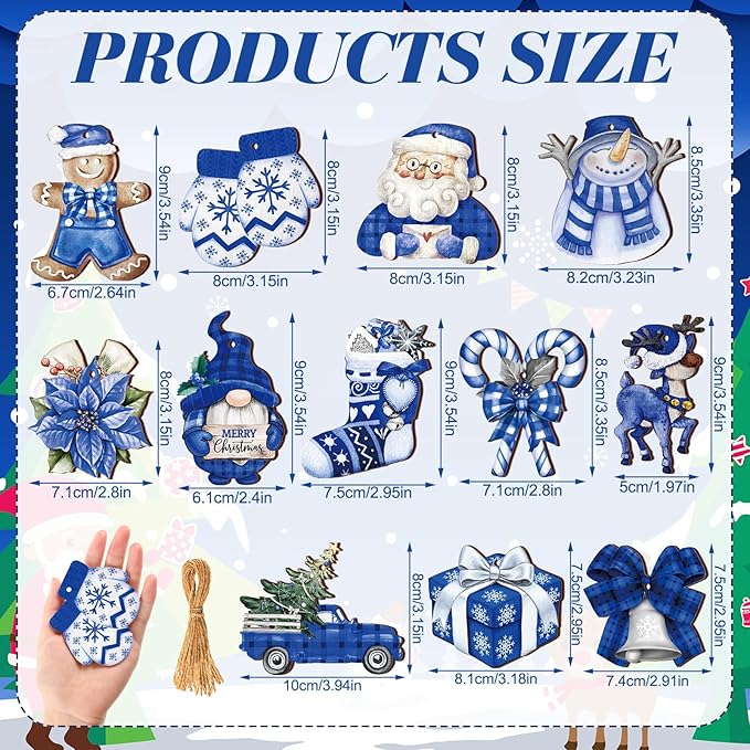 Suzile 36 Pcs Christmas Wooden Ornaments Blue Christmas Ornaments for Tree Vintage Winter Tree Decorations Xmas Hanging Wood Cutouts Decor for Farmhouse Home Winter Holiday Party Wreaths