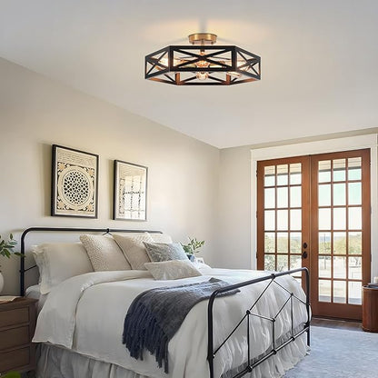Kitchen Lighting Fixtures Ceiling,Farmhouse Flush Mount Ceiling Light with Metal Cage Modern Black and Gold Hallway Light Fixture Black Ceiling Light for Bedroom Bathroom Foyer 19.6 in