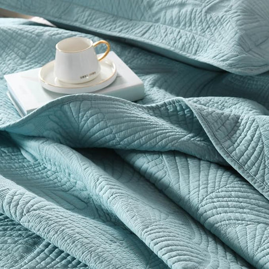 mixinni King Size Blue Plam Leaves Quilt Set Soft Cotton Bedspread Coverlet Set-King Size
