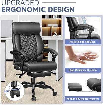 Big and Tall Executive Leather Reclining Office Chair with Footrest and Lumbar Support