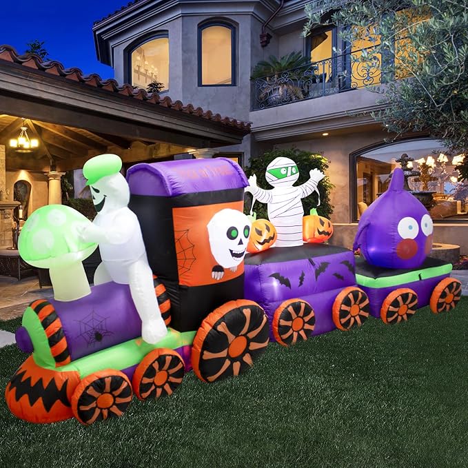 11FT Halloween Inflatables Ghost Train with Mushroom Onion Heads and Mummies Skulls, Built-in LEDs for Halloween Blow Up Indoor Outdoor Decor, Fun Holiday/Party/Yard/Garden Fantasy Display