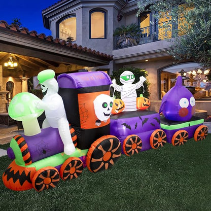 11FT Halloween Inflatables Ghost Train with Mushroom Onion Heads and Mummies Skulls, Built-in LEDs for Halloween Blow Up Indoor Outdoor Decor, Fun Holiday/Party/Yard/Garden Fantasy Display
