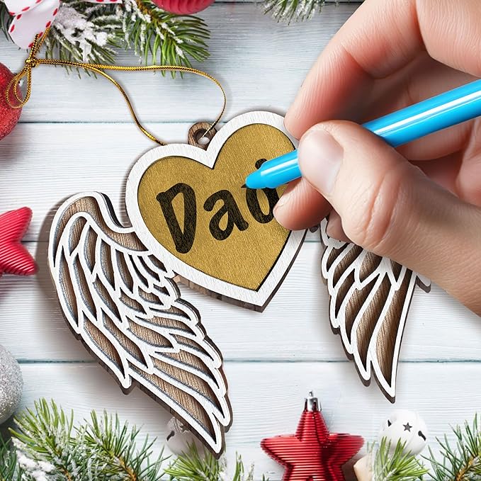Personalized Memorial Angel Wings Wooden Ornament - Personalize with A Name Or Message Using A Oil Marker (Marker not Included) - Customizable Christmas Tree Hanging Ornament