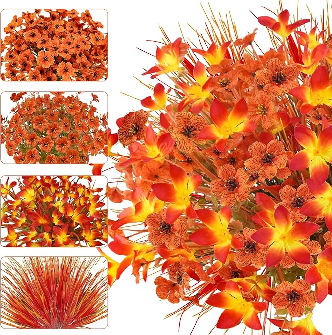 24 Pcs Fake Fall Flowers for Outdoors UV Resistant Artificial Fall Flowers Faux Fall Plants Decorations for Outside Home Porch Planter Patio Window Box Fall Decor