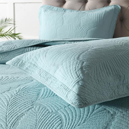 mixinni King Size Blue Plam Leaves Quilt Set Soft Cotton Bedspread Coverlet Set-King Size